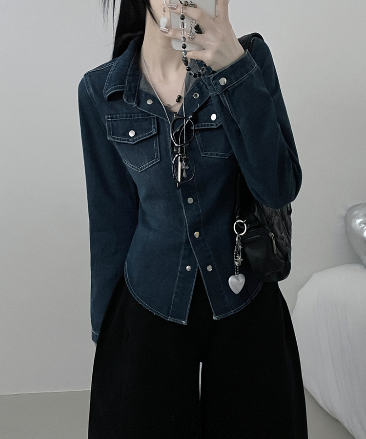 루틴워싱데님투포켓버튼잘록핏세미크롭청셔츠남방 진청