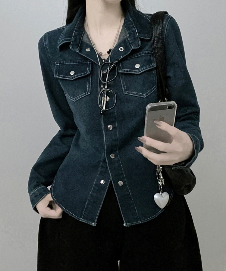 루틴워싱데님투포켓버튼잘록핏세미크롭청셔츠남방 진청