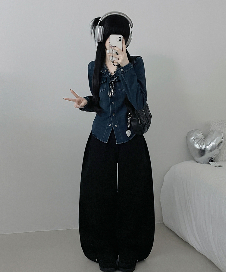 루틴워싱데님투포켓버튼잘록핏세미크롭청셔츠남방 진청