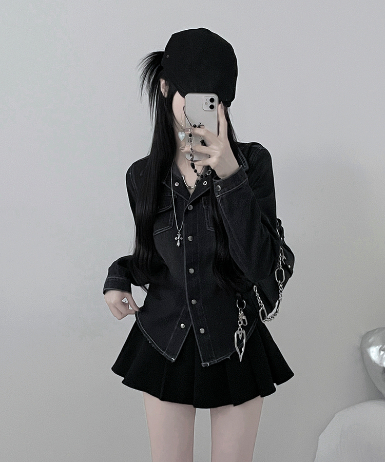 루틴워싱데님투포켓버튼잘록핏세미크롭청셔츠남방 흑청