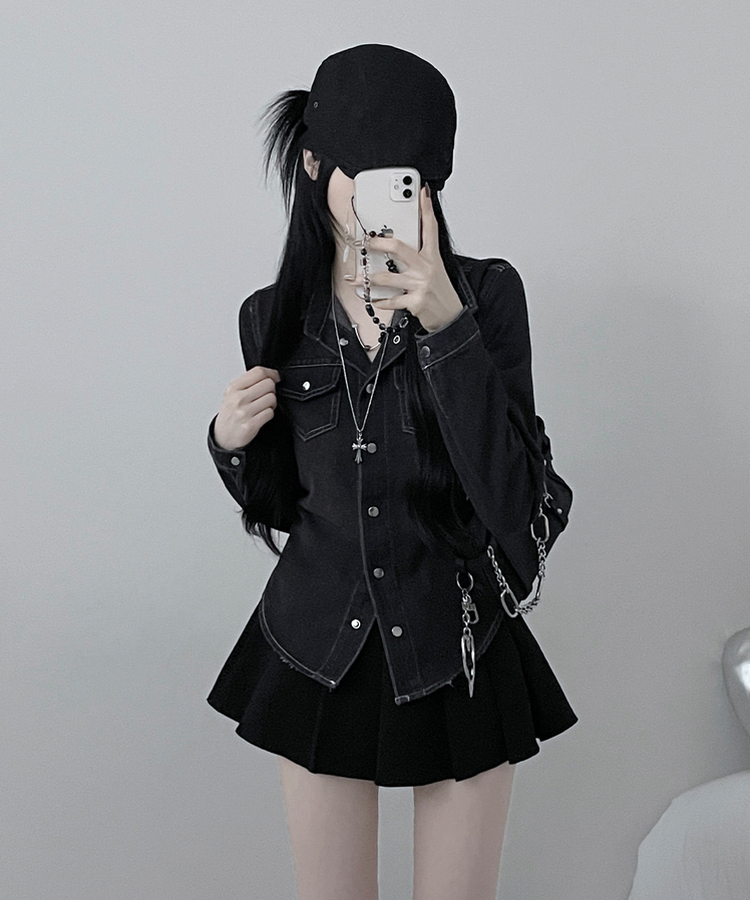 루틴워싱데님투포켓버튼잘록핏세미크롭청셔츠남방 흑청