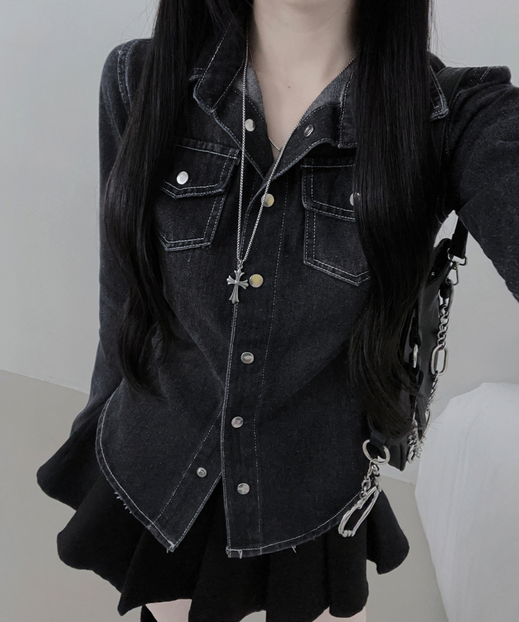 루틴워싱데님투포켓버튼잘록핏세미크롭청셔츠남방 흑청