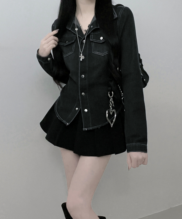 루틴워싱데님투포켓버튼잘록핏세미크롭청셔츠남방 흑청