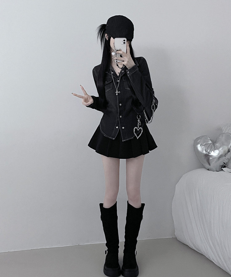 루틴워싱데님투포켓버튼잘록핏세미크롭청셔츠남방 흑청