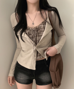 アイレットチェックキャミソールカーディガン BEIGE