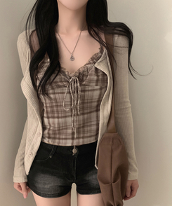 アイレットチェックキャミソールカーディガン BEIGE