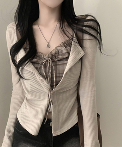 アイレットチェックキャミソールカーディガン BEIGE