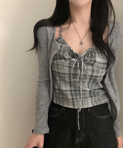 アイレットチェックキャミソールカーディガン GREY