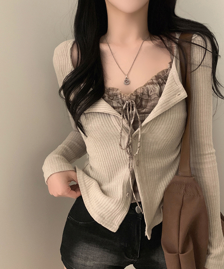 アイレットチェックキャミソールカーディガン BEIGE