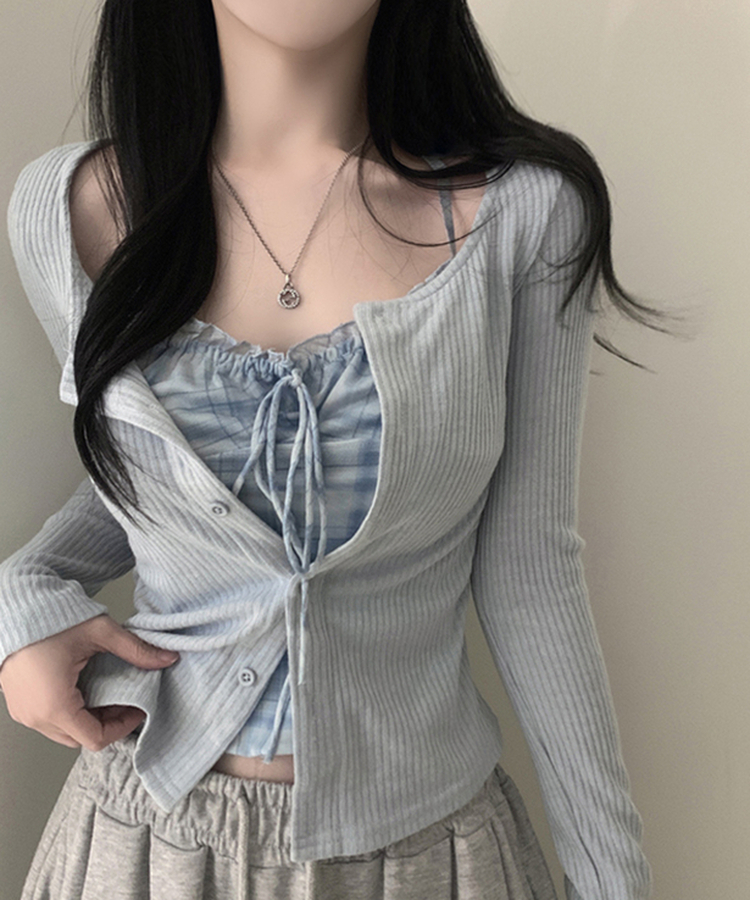 アイレットチェックキャミソールカーディガン SKY BLUE