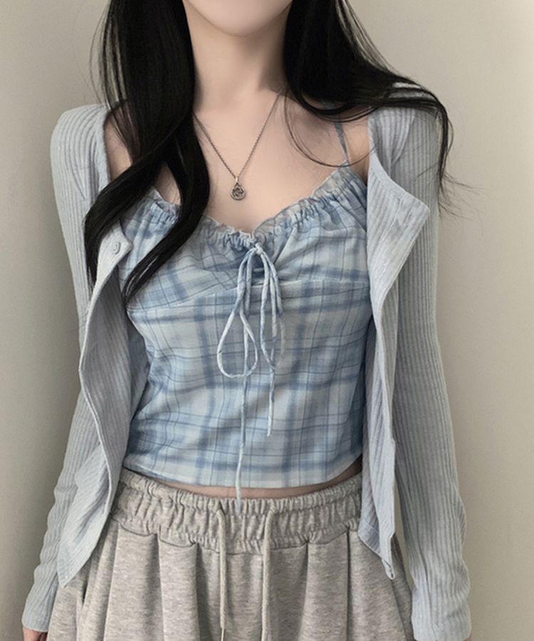 アイレットチェックキャミソールカーディガン SKY BLUE