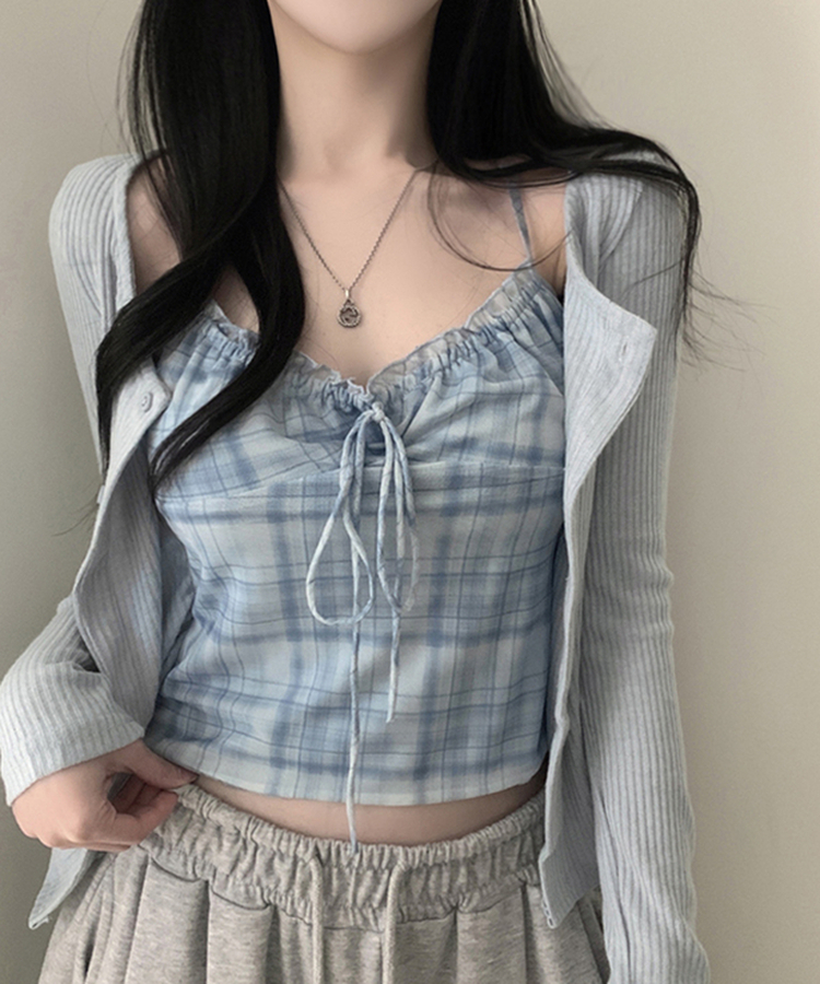 アイレットチェックキャミソールカーディガン SKY BLUE