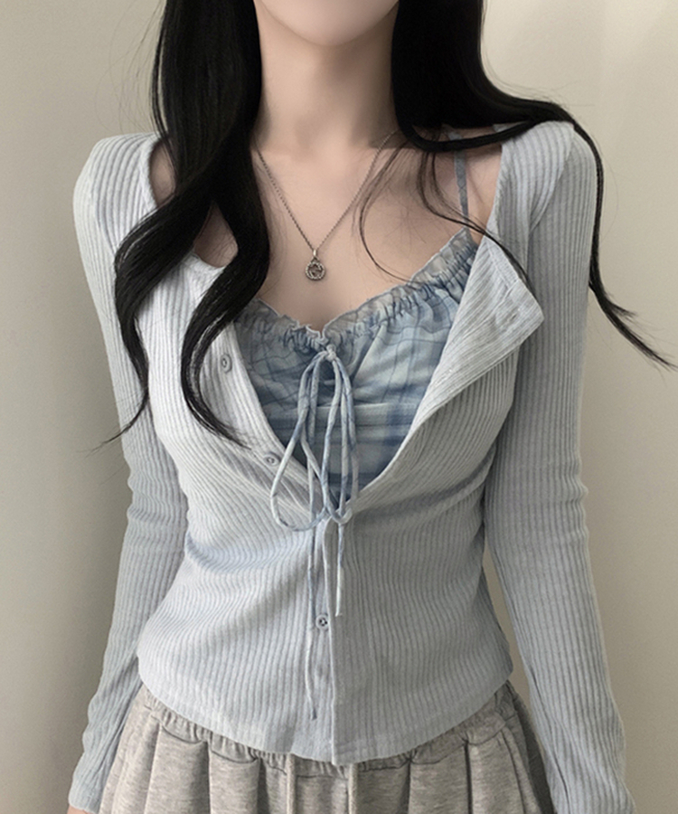 アイレットチェックキャミソールカーディガン SKY BLUE