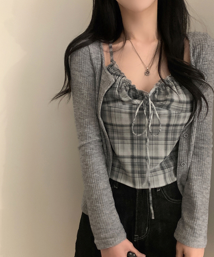 アイレットチェックキャミソールカーディガン GREY