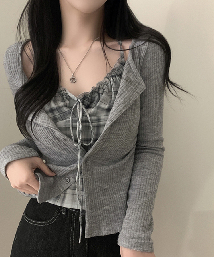 アイレットチェックキャミソールカーディガン GREY