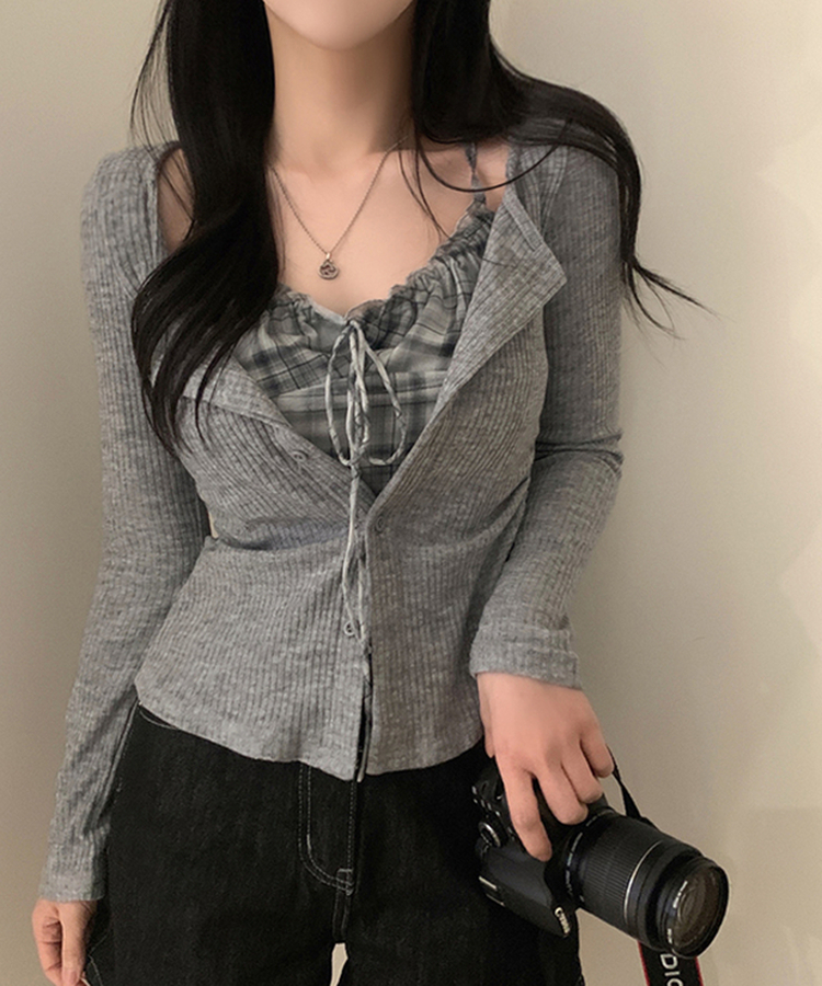 アイレットチェックキャミソールカーディガン GREY