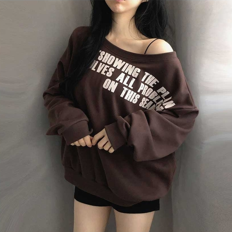 レタリングワンオフショルダートレーナー BROWN