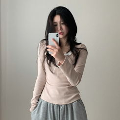 レイヤードリボンレースボタン長袖Tシャツ PINK