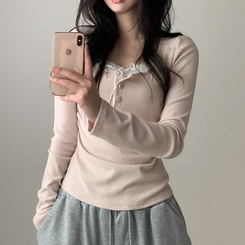 レイヤードリボンレースボタン長袖Tシャツ PINK