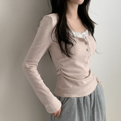 レイヤードリボンレースボタン長袖Tシャツ PINK