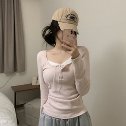 レイヤードリボンレースボタン長袖Tシャツ PINK