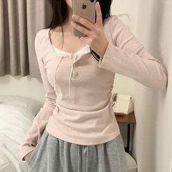 レイヤードリボンレースボタン長袖Tシャツ PINK