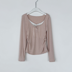 レイヤードリボンレースボタン長袖Tシャツ