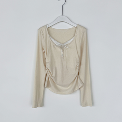 レイヤードリボンレースボタン長袖Tシャツ