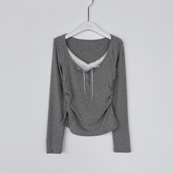 レイヤードリボンレースボタン長袖Tシャツ