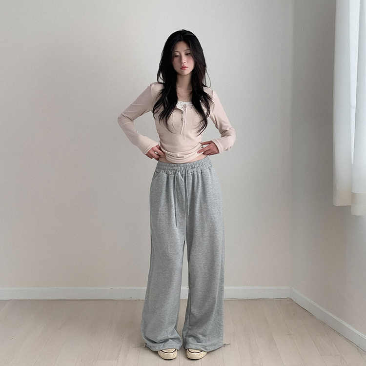 レイヤードリボンレースボタン長袖Tシャツ PINK