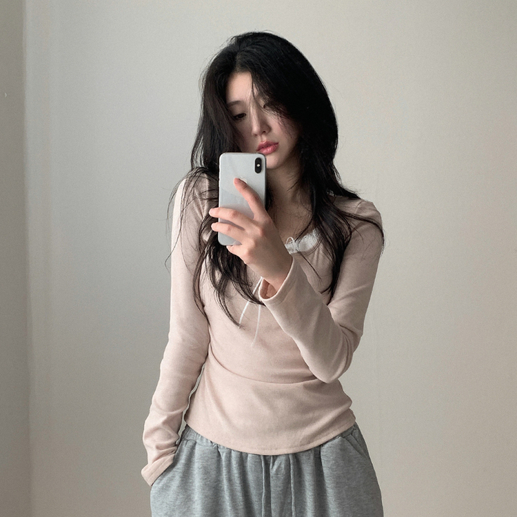 レイヤードリボンレースボタン長袖Tシャツ PINK