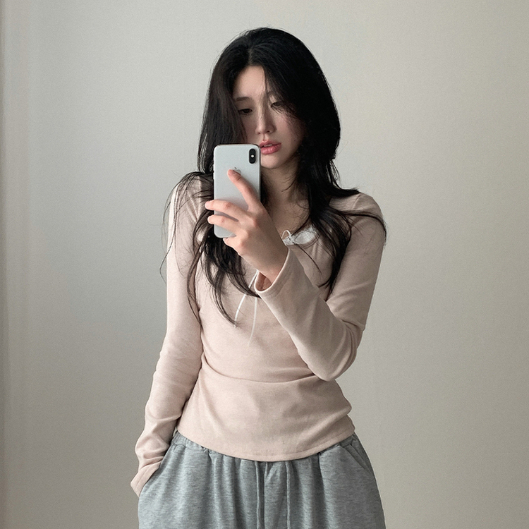 レイヤードリボンレースボタン長袖Tシャツ PINK