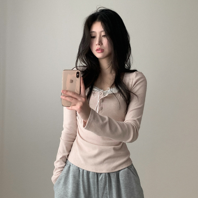 レイヤードリボンレースボタン長袖Tシャツ PINK