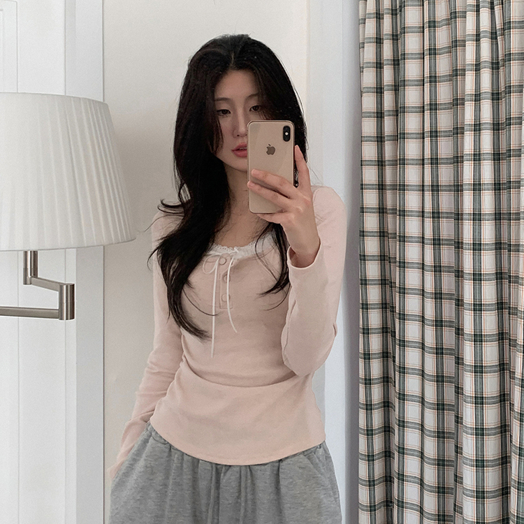 レイヤードリボンレースボタン長袖Tシャツ PINK