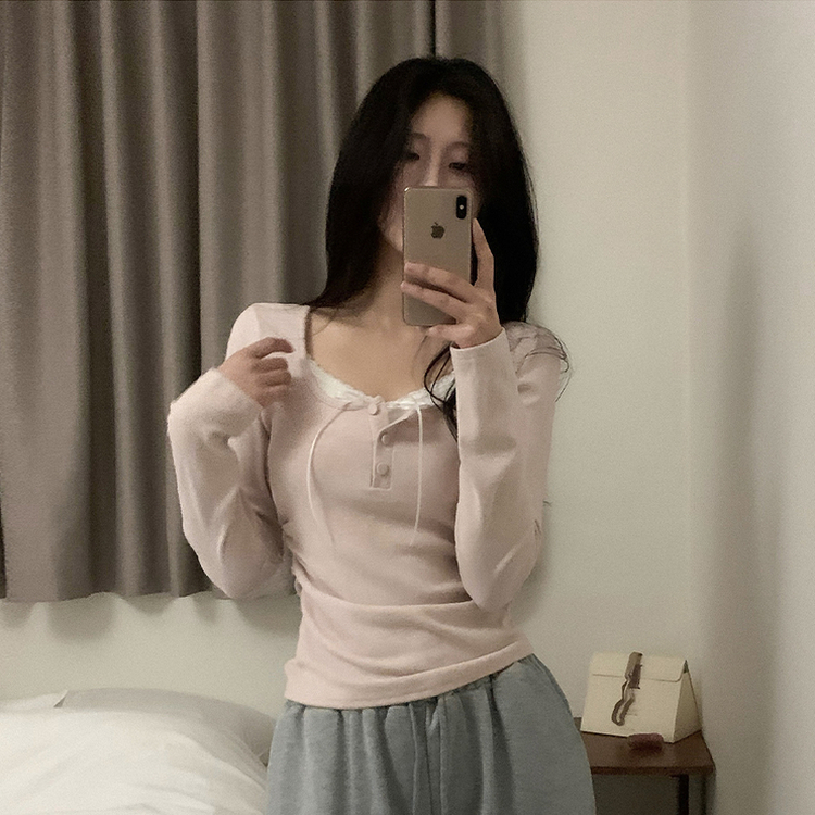 レイヤードリボンレースボタン長袖Tシャツ PINK