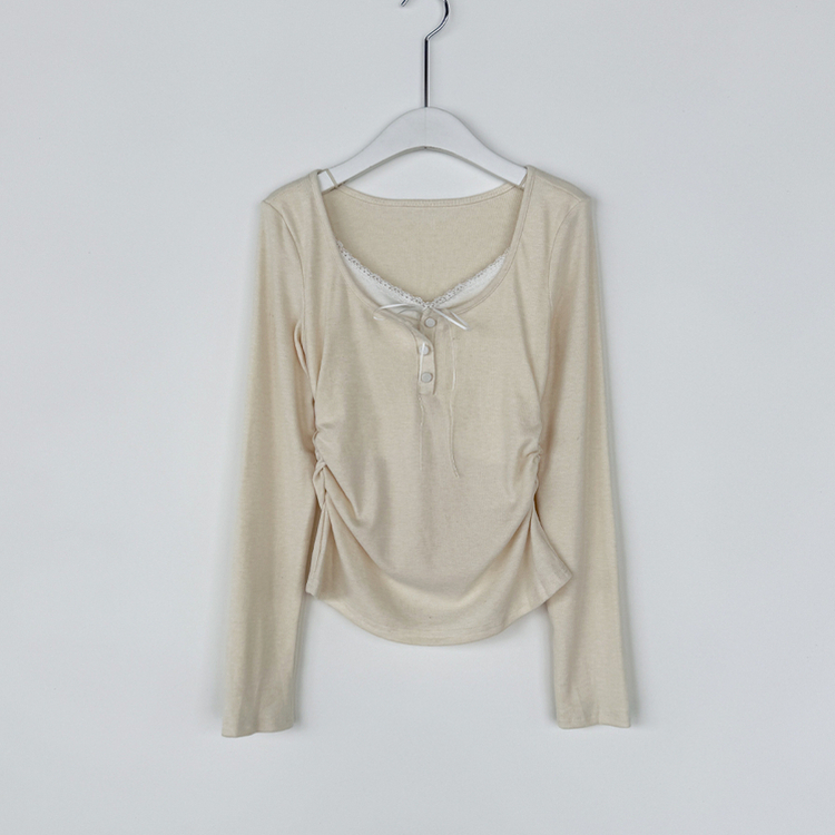 レイヤードリボンレースボタン長袖Tシャツ