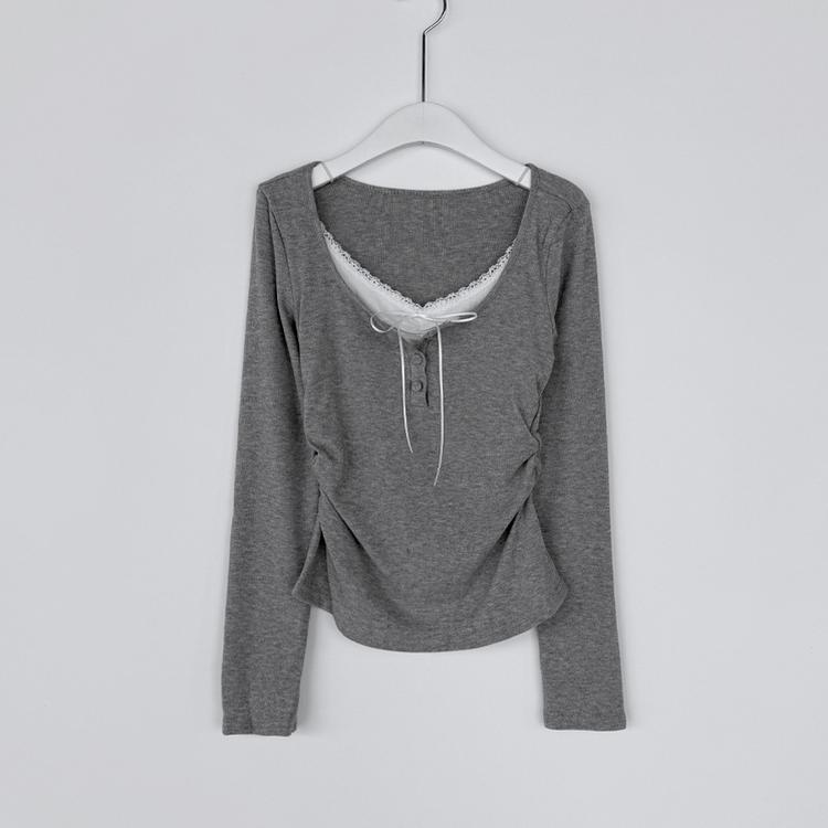 レイヤードリボンレースボタン長袖Tシャツ