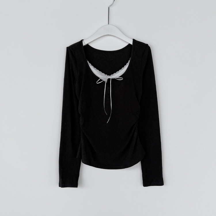 レイヤードリボンレースボタン長袖Tシャツ