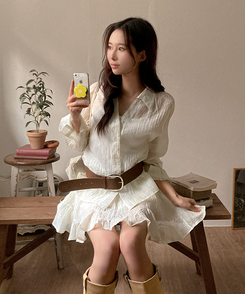 살랑살랑 시스루 크링클 오픈카라 셔츠 벨트 스커트 투피스 세트 아이보리