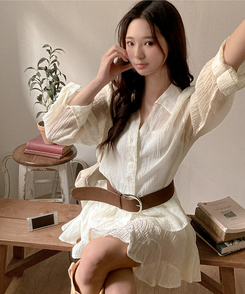 살랑살랑 시스루 크링클 오픈카라 셔츠 벨트 스커트 투피스 세트 아이보리
