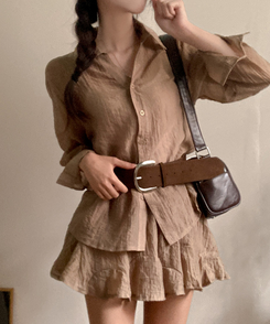 살랑살랑 시스루 크링클 오픈카라 셔츠 벨트 스커트 투피스 세트 브라운