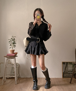 살랑살랑 시스루 크링클 오픈카라 셔츠 벨트 스커트 투피스 세트 블랙