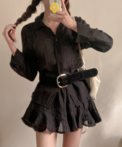 살랑살랑 시스루 크링클 오픈카라 셔츠 벨트 스커트 투피스 세트 블랙