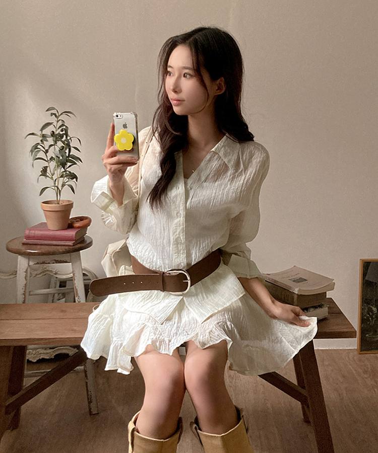 살랑살랑 시스루 크링클 오픈카라 셔츠 벨트 스커트 투피스 세트 아이보리