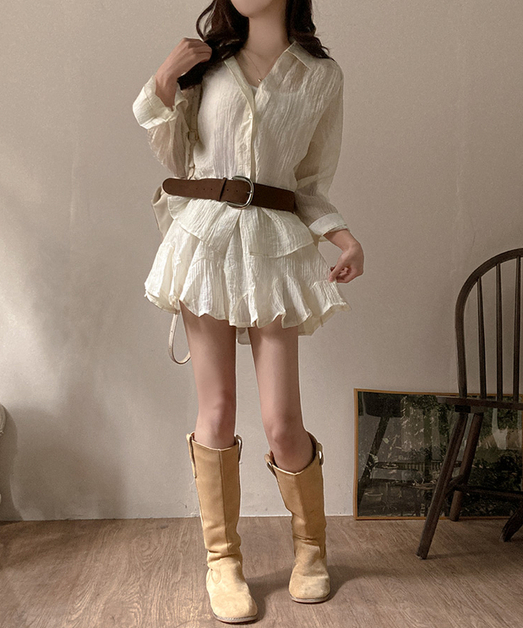 살랑살랑 시스루 크링클 오픈카라 셔츠 벨트 스커트 투피스 세트 아이보리