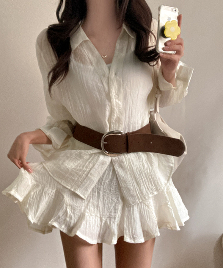 살랑살랑 시스루 크링클 오픈카라 셔츠 벨트 스커트 투피스 세트 아이보리