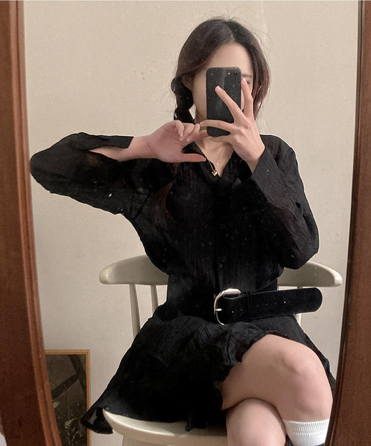 살랑살랑 시스루 크링클 오픈카라 셔츠 벨트 스커트 투피스 세트 블랙