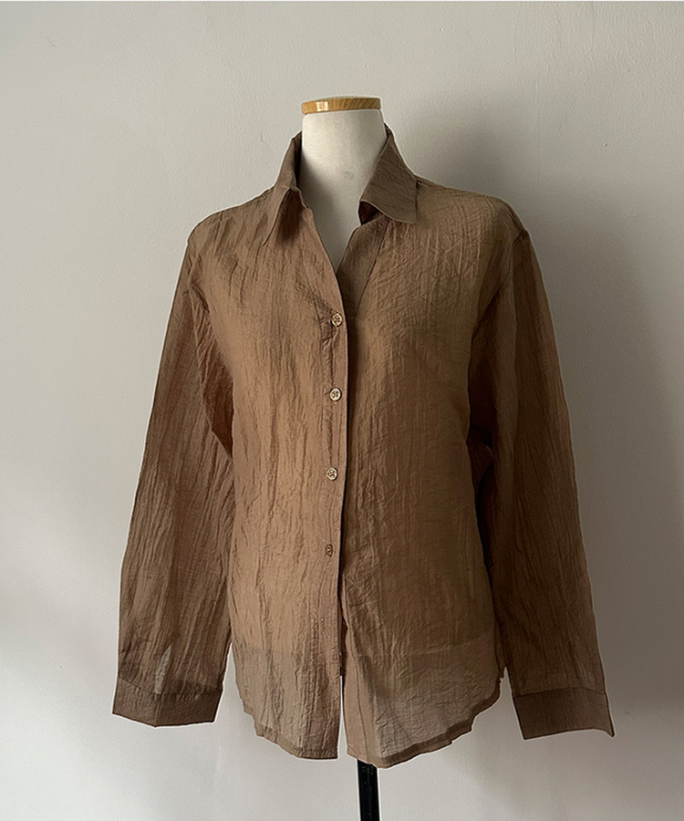 살랑살랑 시스루 크링클 오픈카라 셔츠 벨트 스커트 투피스 세트