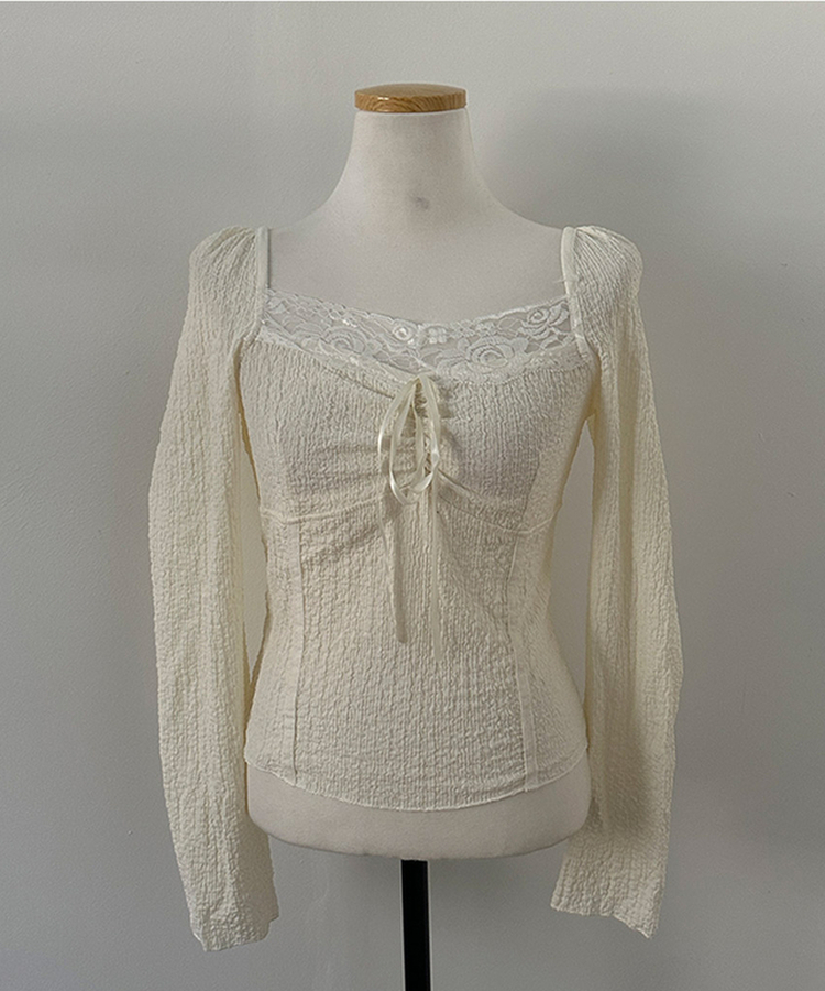 아테 레이스 리본 나팔 소매 블라우스