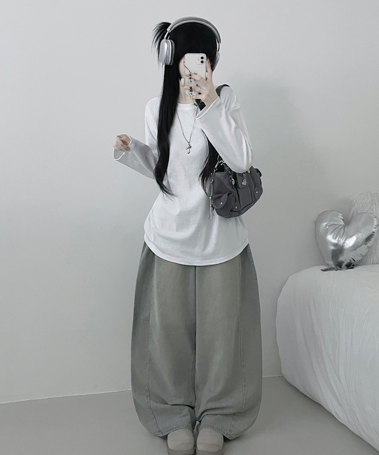 넉넉오버핏무지라운드긴팔티셔츠 아이보리